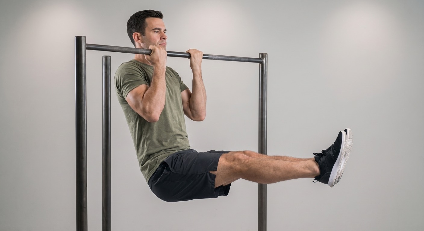 Atleta che esegue una trazione in L-sit con gambe tese orizzontali
