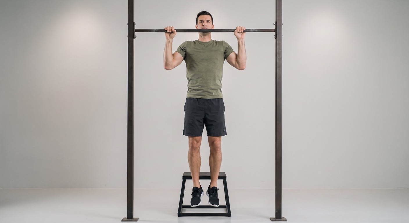 Atleta che scende lentamente dalla cima di una trazione negativa
